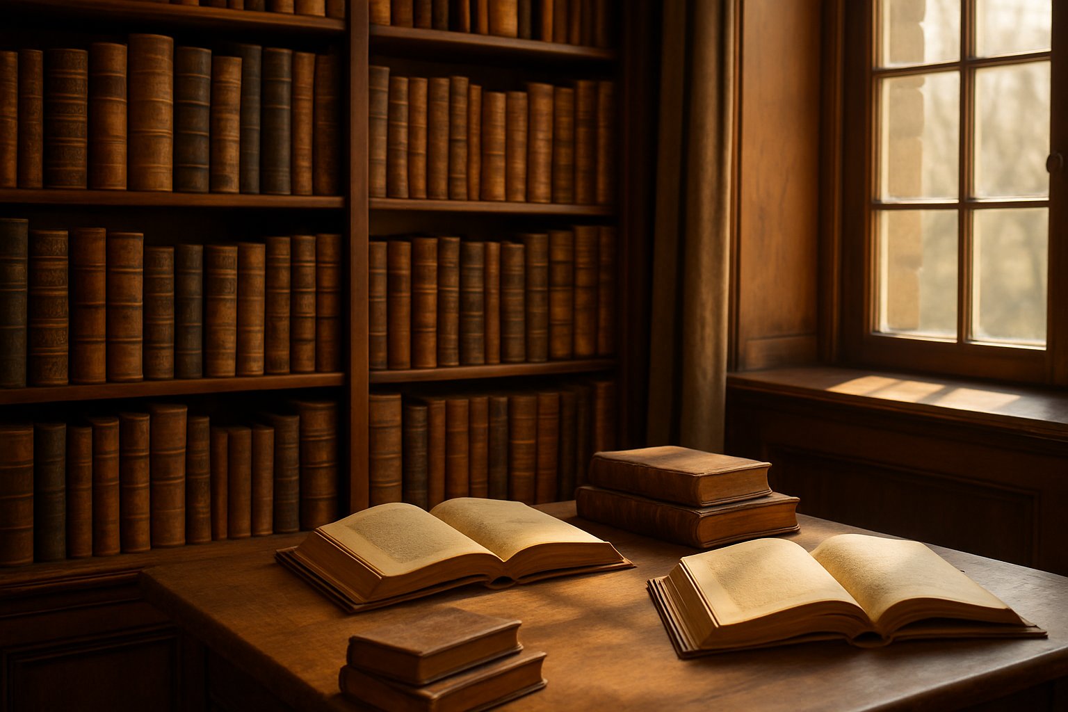 Ein Regal mit alten, wertvollen Büchern aus Leder in einem gemütlichen Raum mit natürlichem Licht.