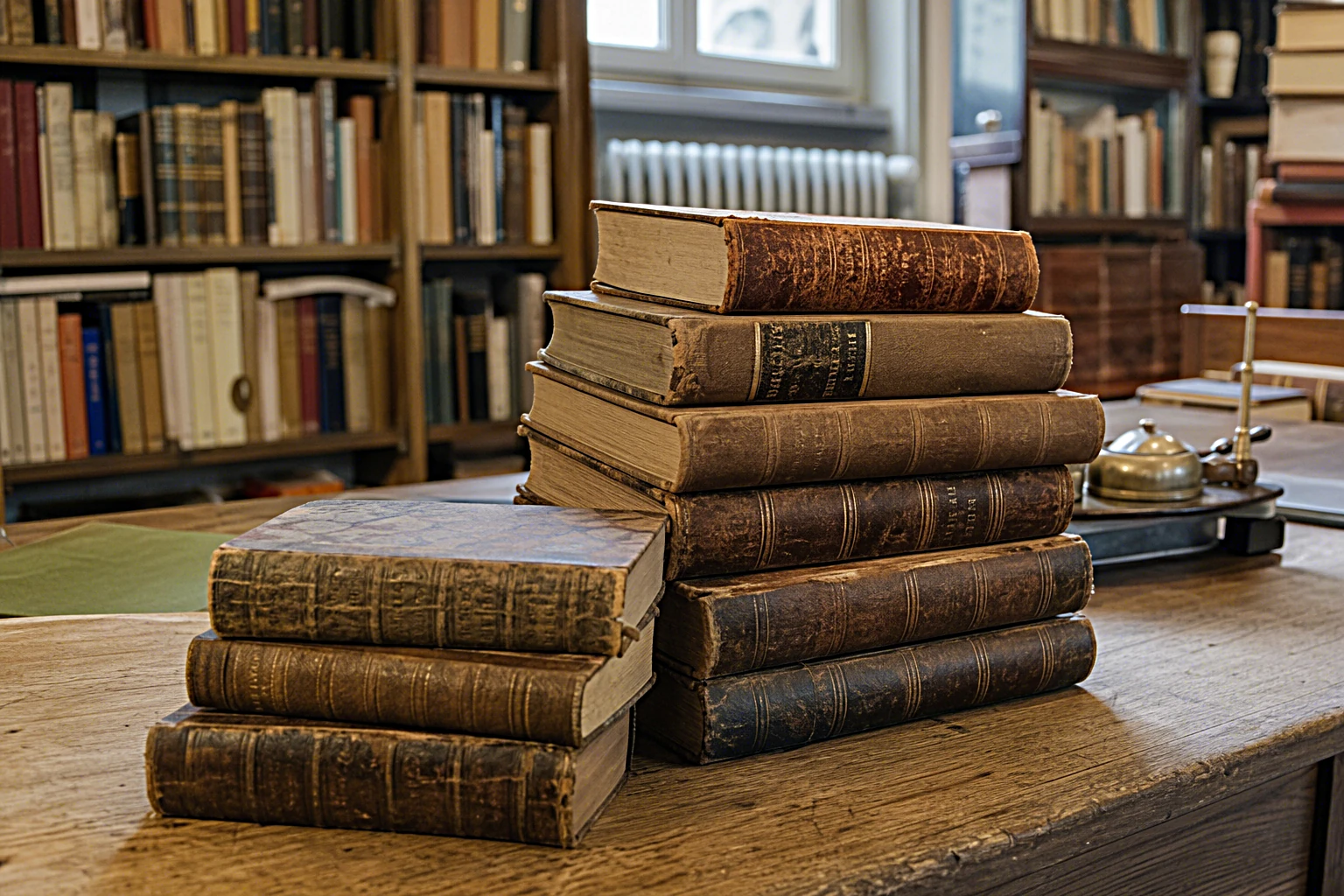 Alte antiquarische Bücher mit Ledereinband gestapelt auf einem Holztisch, warmes Licht